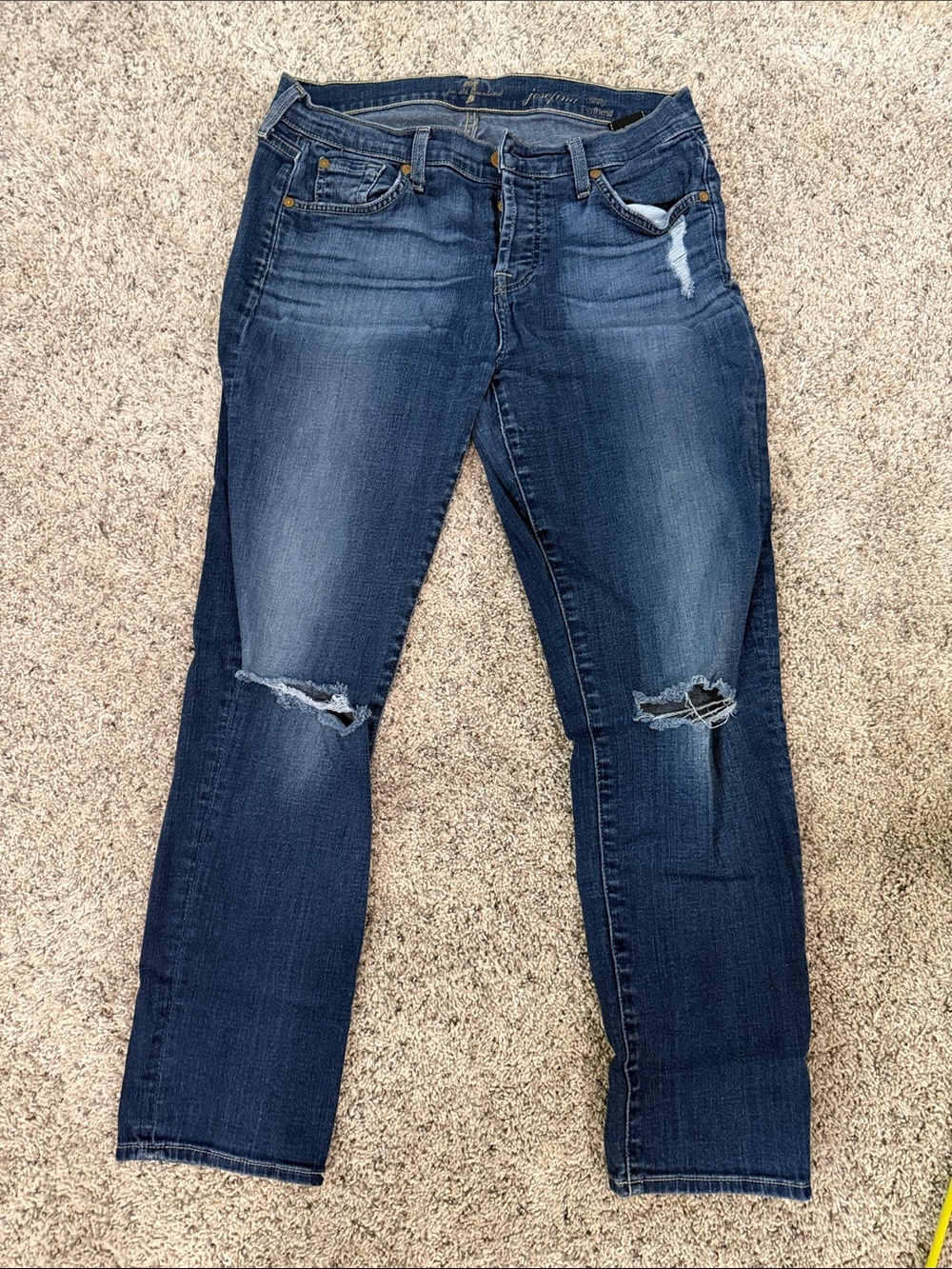 7 For All Mankind Distressed Dark Blue Straight-Leg Jeans